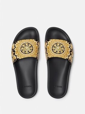 Versace Black and Gold Barocco-Print Poolside Slide Sandals